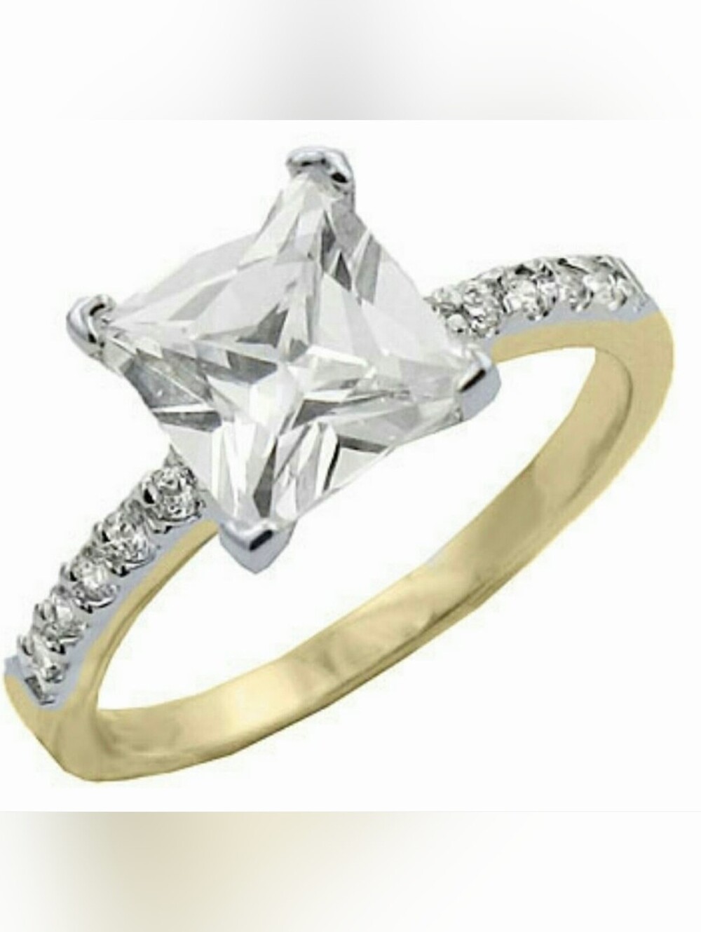 Gold Plated Solitaire Ring  Square Cut Cubic Zirconia Size 10 *